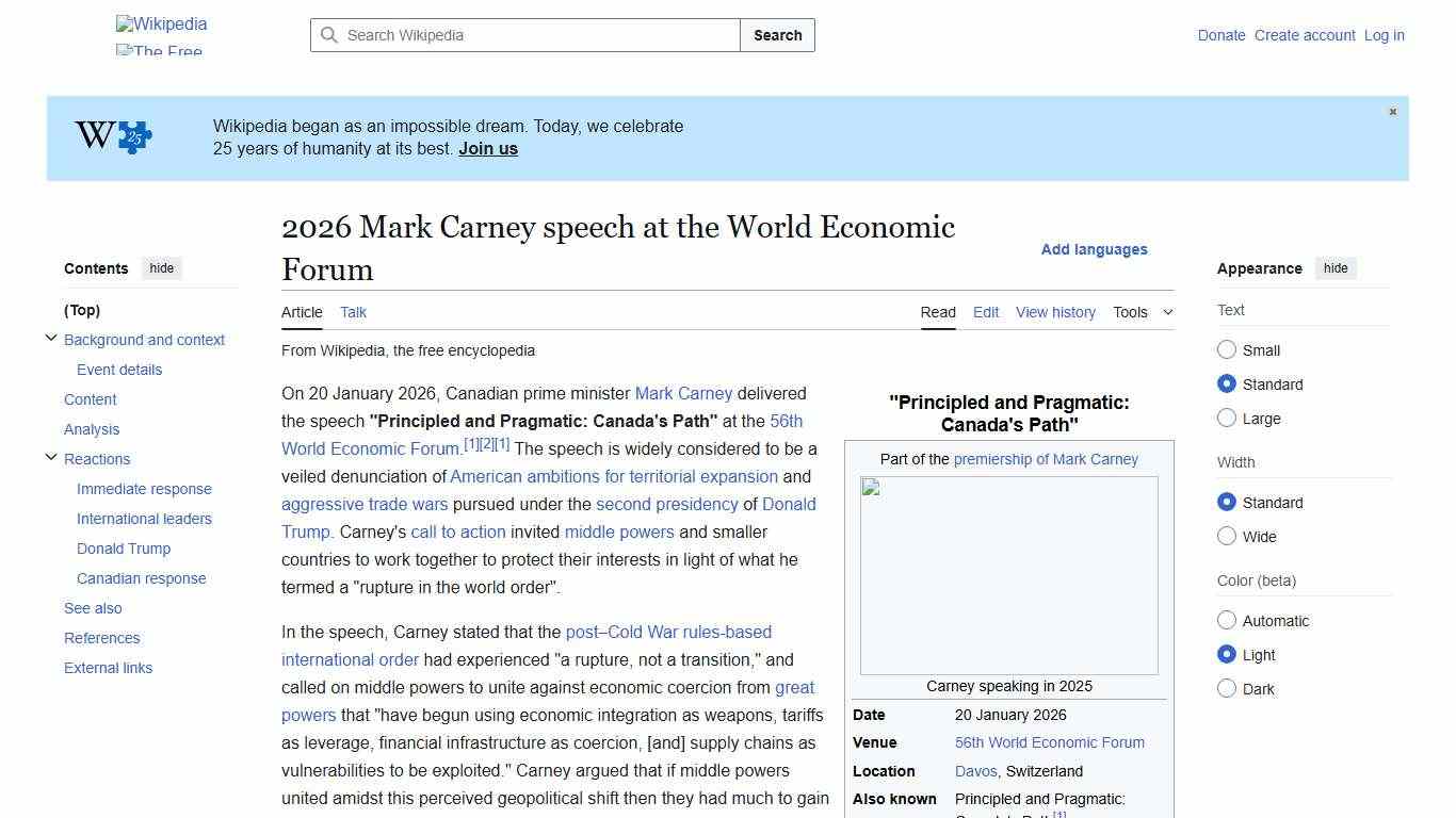 2026 Mark Carney speech at the World Economic Forum - Wikipedia